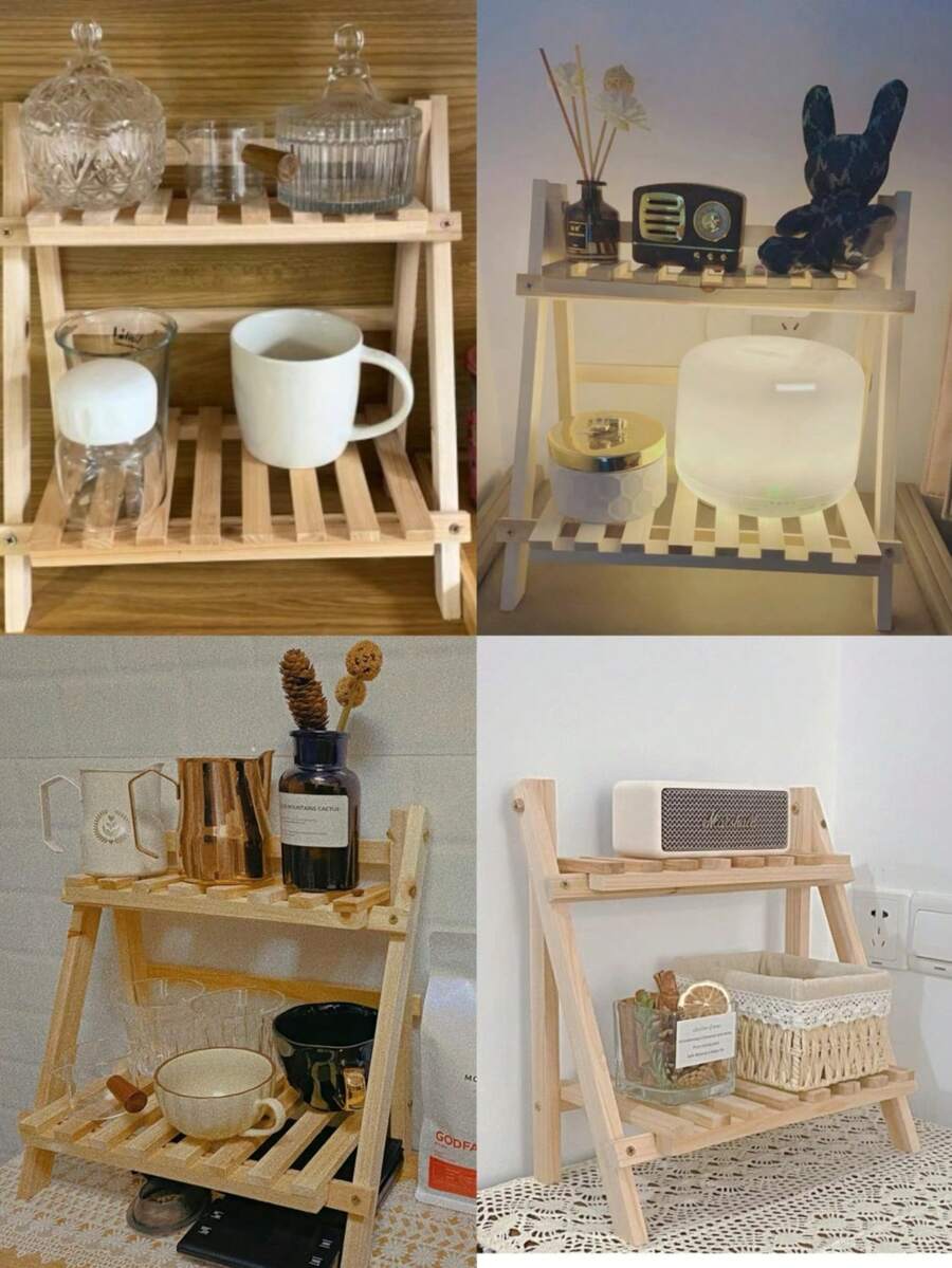 1个可折叠双层木制花架，桌面三角形种植架，适用于多肉植物和盆栽，打开即可使用 - 查看 1