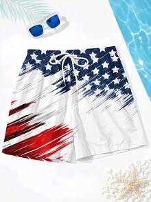 1pc Men's Summer US Flag Printed Drawstring Waist Casual Beach Shorts - Multicolor - View 3