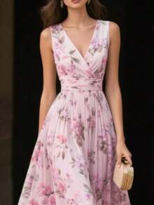 Women's Floral Print Elegant Vintage Zip-Up Pleated Sleeveless Casual Dress, Suitable Spring, Summer, Autumn Vacation - 淺粉色 - 查看 4