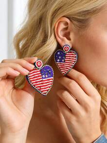 Pendientes con colgante de corazón hecho a mano en rojo, blanco y azul, inspirados en la bandera estadounidense, una declaración de moda para mujeres, adecuados para el 4 de julio, Día de la Independencia y otras festividades - Multicolor - Ver 5