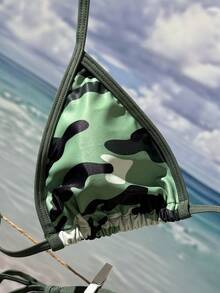 2026 女士粉色迷彩印花性感比基尼上衣，可调节侧系带三角泳裤套装，适合海滩度假 - 軍綠色 - 查看 3