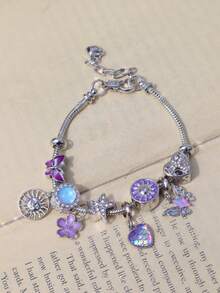 1pc Purple Sakura Sunflower Charm Bracelet, 1pc Heart HOPE Slogan Bow Bracelet, 1pc Starfish Butterfly Animal Bracelet, 1pc Heart Cross Bracelet - Gold - View 9