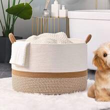 1 giỏ đựng quần áo bẩn bằng dây cotton, giỏ đựng quần áo bẩn dung tích lớn dùng trong gia đình, giỏ đựng đồ chơi trẻ em. - màu nâu - Xem 5