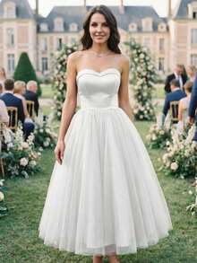 无肩带新娘婚纱、白色女士礼服、及膝新娘婚纱、缎面舞会礼服、薄纱蓬蓬裙、婚礼派对女士正式礼服 - 白色 - 查看 5