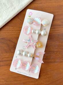 Conjunto de 5 presilhas de cabelo em formato de cauda de sereia com conchas de estrela-do-mar rosa, presilhas de cabelo com estampa de jacaré para férias no oceano, presilhas românticas de sereia com pérolas para uso diário. - Rosa - Ver 2