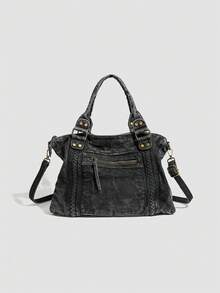 New Vintage Washed Leather Tote Bag, Large Capacity Handbag & Shoulder Bag For Women - Black - View 5