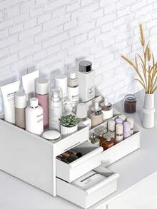 1 Set Makeup Organizer Rack, Vanity Perfume & Skincare Storage Holder, Dual-Layer Elevated Lipstick Stand, Dorm Desktop Storage Box Rack, Display Shelf - Black - View 2