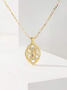 1 pieza Collar con colgante de la Virgen de Guadalupe de estilo vintage con incrustaciones de cobre y circonita, edición limitada, adecuado para regalos de Navidad/Acción de Gracias/Halloween/Día de la Madre/Día de San Valentín para parejas/amigos/padrinos, Primera Comunión Católica, uso diario y festivo, oración - Amarillo Oro - Ver 5