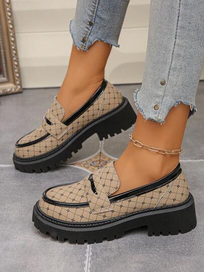 Women's Wedge Thick Sole Slip-On Loafers, Preppy School Style Casual, Letter Decor, Platform Increase Height Slouchy Shoes