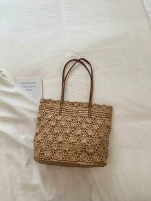 Túi tote bằng rơm tự nhiên, họa tiết vỏ sò 3D, quai đeo bằng da PU màu nâu, có thể đeo vai hoặc xách tay, khóa nam châm 2 trong 1, kiểu dáng Pháp, thích hợp cho nữ đi nghỉ mát, du lịch mùa xuân/hè, nghỉ mát biển, đi làm hàng ngày. - Màu Khaki - Xem 10