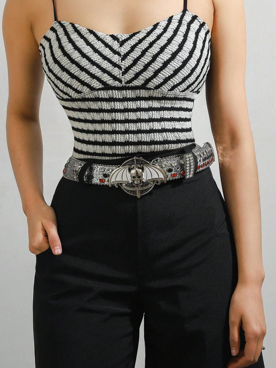 1pc Y2K Fashion Rivet Punk Accessory Hip-Hop Edgy Skull Subculture Versatile Belt Decor, Skull Punk Glitter Punk, All Seasons - Silver - View 1