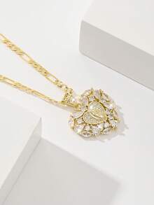 14K Gold Plated Copper Women's Heart-Shaped Christian Necklace, With A Rounded Heart Silhouette, Inlaid With Classic Images Of Virgin Mary, Judas And Death, Edged With Transparent Zirconia To Enhance Soft Texture. Paired With 60cm Chain, Suitable For V-Neck, High Neck Or Layered Wear, Perfect For Daily Commute And Church Activities, Combining Feminine Softness And Faith Expression. - Virgin Mary - View 8