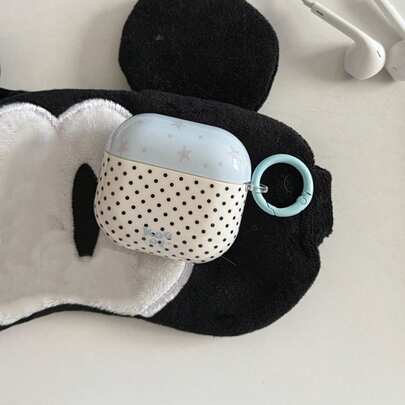 White Base Black Polka Dot Blue Cap Star + Circle Earphone Case Suitable Compatible With Apple Pro3/Pro2/4/3/2, Fashion Women Earphone Case, Minimalist Earphone Case, Apple Earphone Case, Apple Earphone Cover, Men Earphone Case