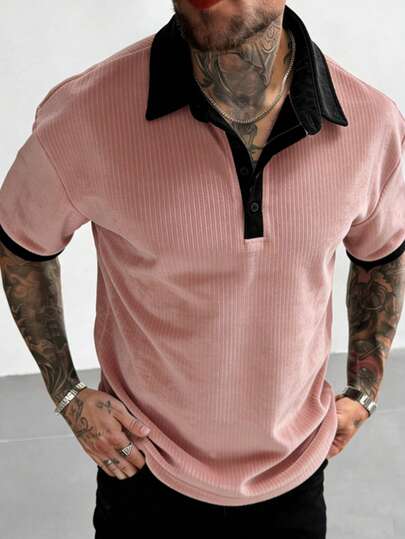 Áo polo tay ngắn cổ nhung phối màu tương phản phong cách đường phố Mỹ, đa năng dành cho nam giới mùa hè.