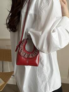 Túi xách mini kẻ caro xếp ly, kiểu dáng tối giản, dung tích lớn, nhẹ, đa năng, có thể đeo dưới cánh tay hoặc vai dành cho nữ. - Màu Đỏ Sâu - Xem 5