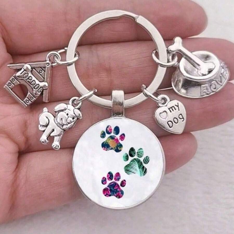 1个男女通用狗爪钥匙扣，“我爱我的狗狗”动物合金钥匙圈，钱包挂饰，包包挂饰，送给狗妈妈、狗爸爸、宠物爱好者的礼物 - 銀色 - 查看 1