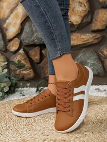 大码女士极简主义运动鞋，皮革鞋面，系带设计，适合户外活动 - 棕色 - 查看 6