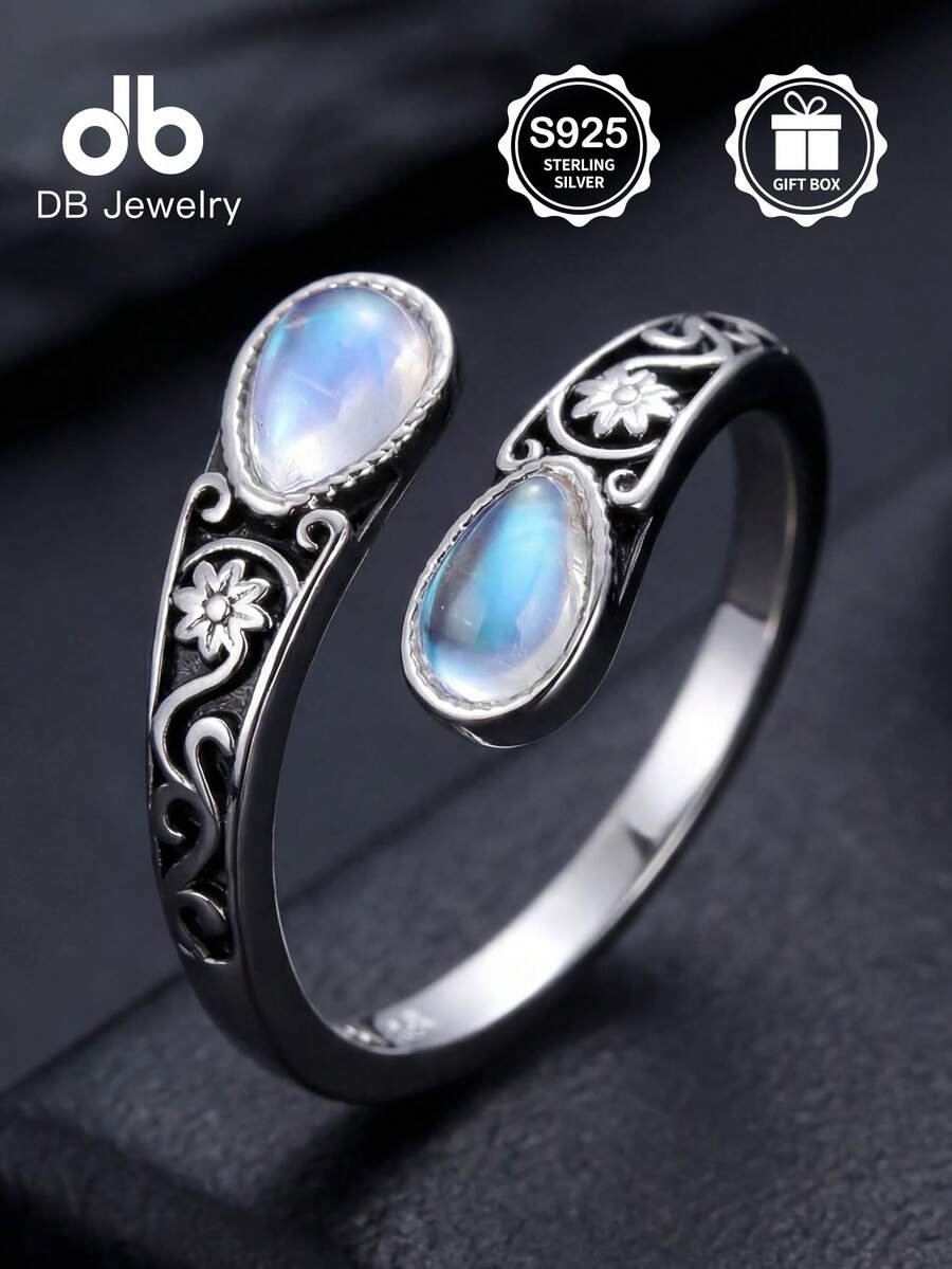 1pc Vintage S925 Sterling Silver Moonstone Pear-Shaped Women's Thumb Ring, Elegant Classic Style, Love Contract Ring, Suitable For Graduation, Proposal, Engagement Gift, Women's Daily Wear, Loyalty Ring, Halloween, Valentine's Day, Mother's Day, Birthday Gift, Comes With Gift Box