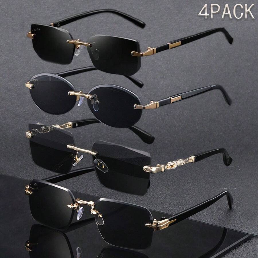 4pcs Square & Oval Fashionable Frameless Glasses, Unisex Couples Everyday Wear And Gift - Multicolor - View 1