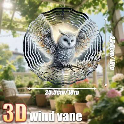 3D立体猫头鹰花卉艺术融合风铃，单件装，尺寸25.5厘米/10英寸*25.5厘米/10英寸，带旋转挂钩，可360°旋转，DIY创意风铃装饰，经典风格，无需电池供电，可旋转摆件