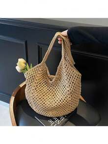 1 chiếc túi đan rỗng mới dành cho nữ, túi tote đeo vai dung tích lớn, túi đan cỏ đa năng kiểu dáng nghỉ mát ven biển, thích hợp đi làm hàng ngày. - Xem 9