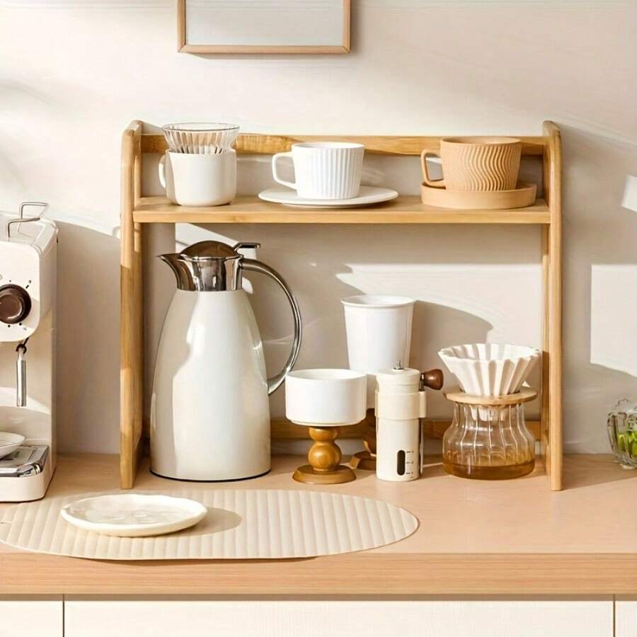 双层竹制台面置物架 - 现代米色风格，天然木纹饰面，多功能置物架，适用于厨房、办公室、卧室、宿舍 - 非常适合存放杯子、玻璃杯 - 坚固的框架设计，竹制层板，实用收纳架，垂直置物架 - 彩色 - 查看 1