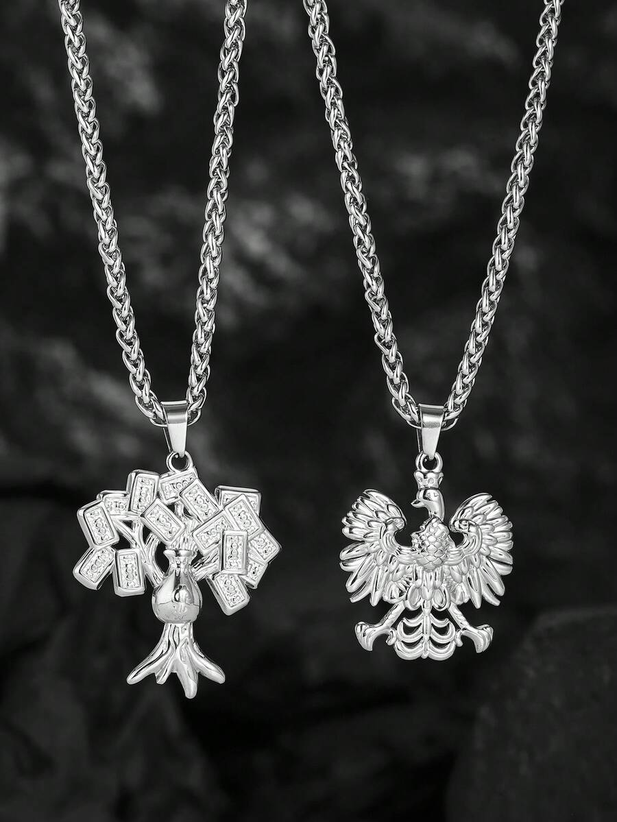 1pc Stainless Steel Money Tree & Phoenix Pendant Necklace, Fashionable Personalized Hip-Hop Style For Men - Silver - View 1