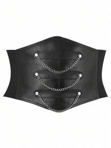 1pc Women's Dark Punk Gothic Cyberpunk Leather Chain Waist Belt, Versatile Fashion Corset Waist Cincher Suitable For Cosplay, Music Festivals, Theme Parties, Street Style - Black - View 3