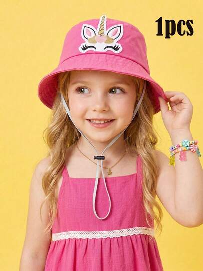 1pc New Embroidered Unicorn Fuchsia Bucket Hat, Spring/Summer Children Sun Protection Hat, Adjustable