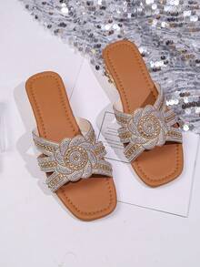 1双女士黑色水钻平底凉鞋，休闲时尚卡其色舒适百搭拖鞋 - 卡其色 - 查看 7