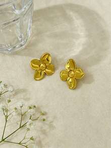 1 Pair Stainless Steel Gold Square Design Earrings, Minimalist Asymmetric Earring Set, Suitable For Women's Daily Wear And Party - 2pcs Cornus Officinalis - View 4