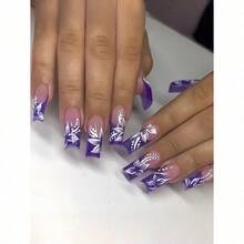 24pcs Long European Square Fake Nails, Purple French White Flower Nail Art Fake Nails, Wearable Nails, Fully Covered And Removable, Suitable For Women's Parties, Dancing, And Daily Use - Màu tím - Xem 10