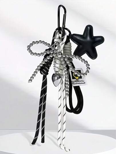 创意Y2K风格包包挂饰，珍珠蝴蝶结爱心钥匙链，PU皮革星星饰品配件，两个手工编织尼龙绳合金钥匙扣，适合挂在手提包、钱包、腕包上，教师节和母亲节礼物