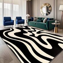 Luxurious Black And White Zebra Stripe Rug - Large Rectangular Black And White Abstract Wave Pattern Carpet, Soft Texture, Machine Washable, Available In Black, Beige, Brown For Living Room, Bedroom, Hallway, Large Sizes Available, Modern Decor, High-Quality Fabric Base, Multifunctional Home Accessory, Pet-Friendly, Indoor Designer - 簡約款 - 查看 2