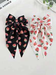 2pcs[Spring/Summer]Women's Sweet Elegant Fruit Element Fabric Strawberry Print Bowknot Elastic Hair Clips, Suitable For Vacation, Daily Outings, Hair Decoration Accessories, Bohemian Elegant,Holiday,Travel - Multicolor - View 11