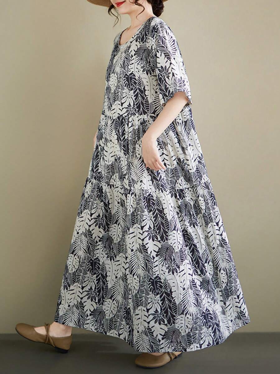 AZAH 大尺碼女款波希米亞風花卉印花短袖飄逸長洋裝,大尺碼花卉A字口袋長裙,休閒長洋裝 - 黑色 - 查看 1