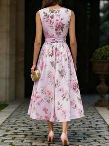 Women's Floral Print Elegant Vintage Zip-Up Pleated Sleeveless Casual Dress, Suitable Spring, Summer, Autumn Vacation - 淺粉色 - 查看 3