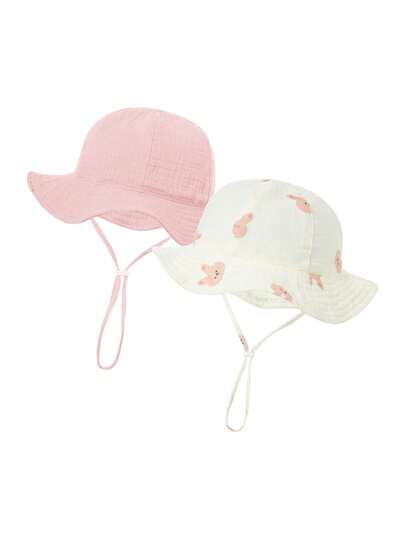 2 chiếc mũ tai bèo in họa tiết bằng cotton cho bé, màu trơn, chống nắng.