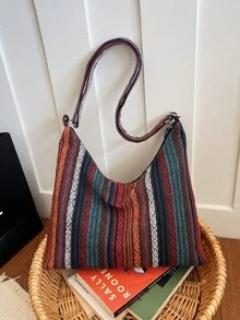 Túi đeo chéo bằng cotton màu trơn đa năng mới, túi baguette tối giản phong cách thường ngày với sọc màu tương phản, túi xô cỡ lớn. - Đỏ - Xem 8