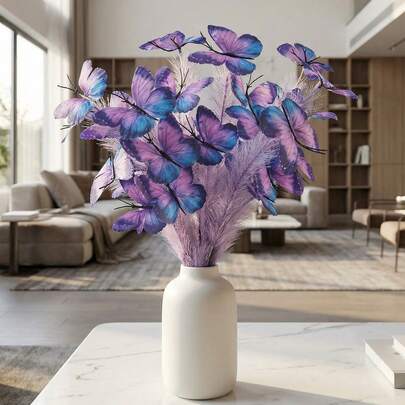 1 bông hoa bướm nhân tạo màu tím, bướm và lông vũ trang trí, 4 con bướm 3D sống động như thật, thích hợp trang trí bình hoa, cắm hoa, trang trí nhà cửa, văn phòng, tiệc tùng.