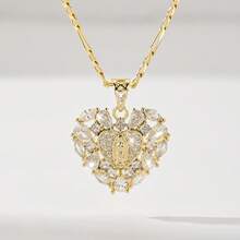 14K Gold Plated Copper Women's Heart-Shaped Christian Necklace, With A Rounded Heart Silhouette, Inlaid With Classic Images Of Virgin Mary, Judas And Death, Edged With Transparent Zirconia To Enhance Soft Texture. Paired With 60cm Chain, Suitable For V-Neck, High Neck Or Layered Wear, Perfect For Daily Commute And Church Activities, Combining Feminine Softness And Faith Expression. - Virgin Mary - View 10