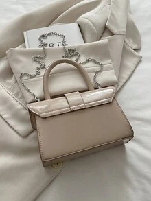 "Elegant Beige Patent Leather Mini Handbag With Crescent Moon Lock, Chain Strap & Top Handle - Perfect For Women's Daily & Party Use" - Khaki - View 3