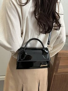 女士手提包，时尚亮面翻盖小方包，多功能通勤单肩包 - 黑色 - 查看 7