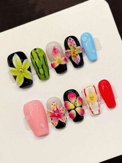 10pcs Handmade Rectangular Colorful False Nails With Tropical Color Blocks, Hand-Painted 3D Floral, Watermelon Stripes And Cute Water Drop Decor. These Nails Feature Bold Tropical Color Contrasts, Hand-Drawn 3D Floral Carvings, Green Watermelon Stripes And Adorable Water Drop Designs. These Vibrant, Fun And Exotic Press-On Nails Are Perfect For Vacation, Beach, Party And Daily Occasions, Making An Excellent Gift For Women And Girls.