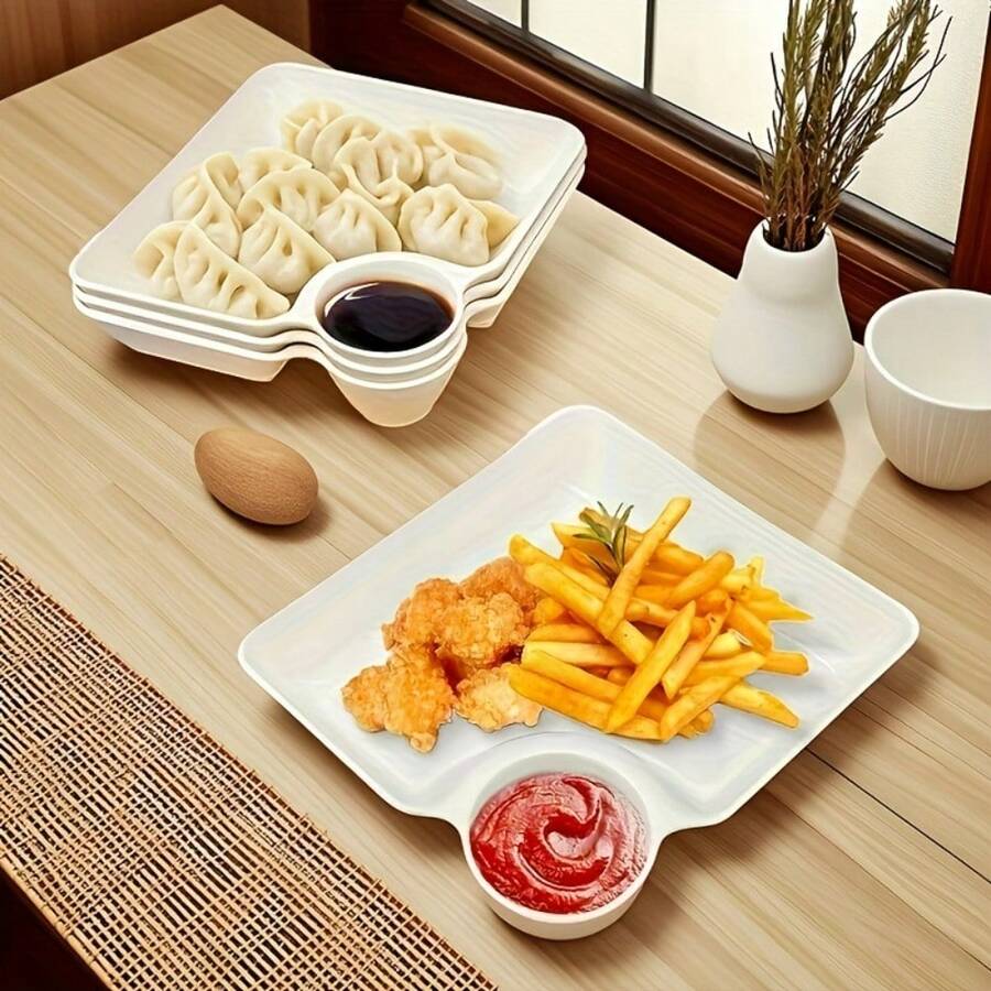 4pcs Durable Plate Set - White Rectangular Compartment Snack Plates Suitable For Fries, Sushi And Appetizers, Great For Charcuterie And Party Platters | Platter Design, Dumpling Plate With Vinegar Dish, Divided Plate, Tableware, Square Dumpling Plate, Tray