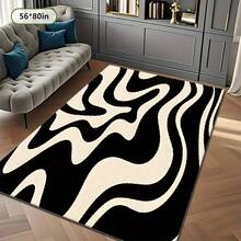 Luxurious Black And White Zebra Stripe Rug - Large Rectangular Black And White Abstract Wave Pattern Carpet, Soft Texture, Machine Washable, Available In Black, Beige, Brown For Living Room, Bedroom, Hallway, Large Sizes Available, Modern Decor, High-Quality Fabric Base, Multifunctional Home Accessory, Pet-Friendly, Indoor Designer - 簡約款 - 查看 1