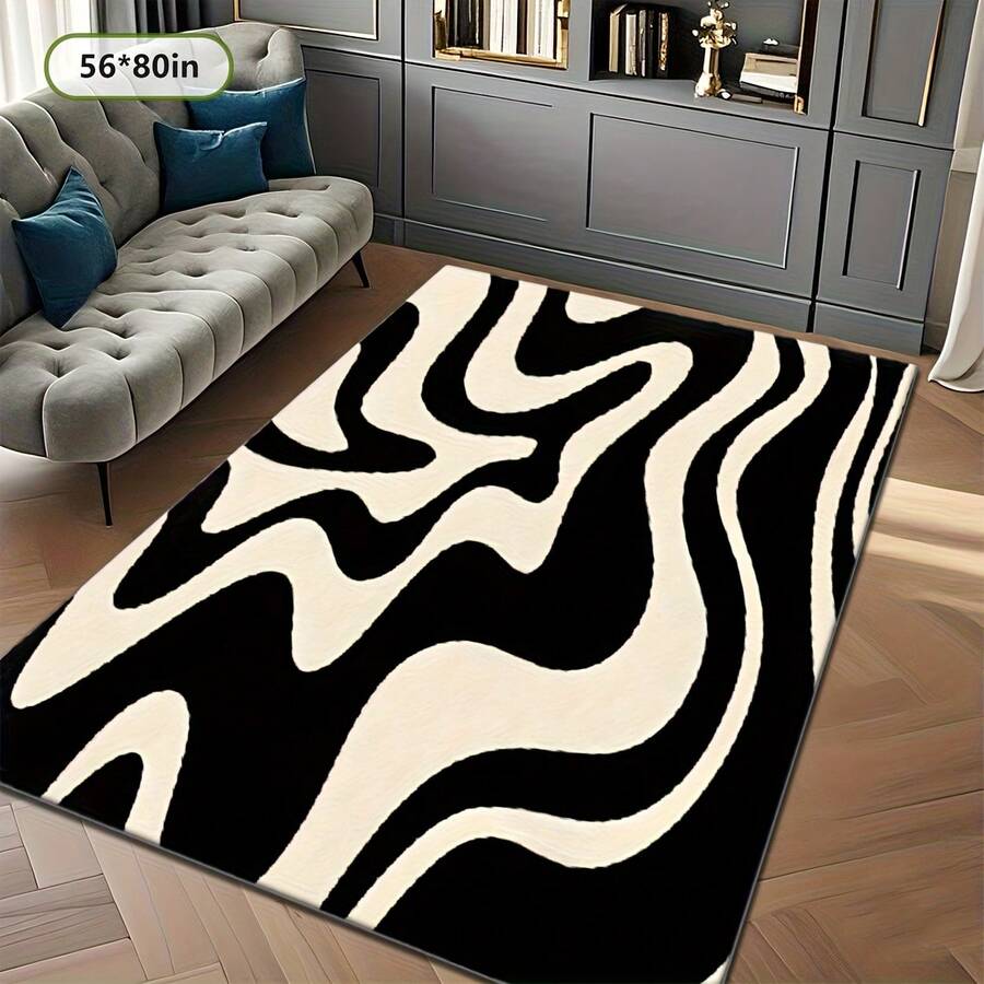 Luxurious Black And White Zebra Stripe Rug - Large Rectangular Black And White Abstract Wave Pattern Carpet, Soft Texture, Machine Washable, Available In Black, Beige, Brown For Living Room, Bedroom, Hallway, Large Sizes Available, Modern Decor, High-Quality Fabric Base, Multifunctional Home Accessory, Pet-Friendly, Indoor Designer - 簡約款 - 查看 1