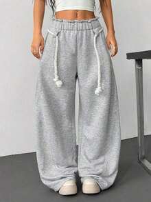 Casual Loose Drawstring Waist Pockets Sweatpants, Minimalist American Streetwear Style, Versatile Korean Fashion - 灰色 - 查看 1