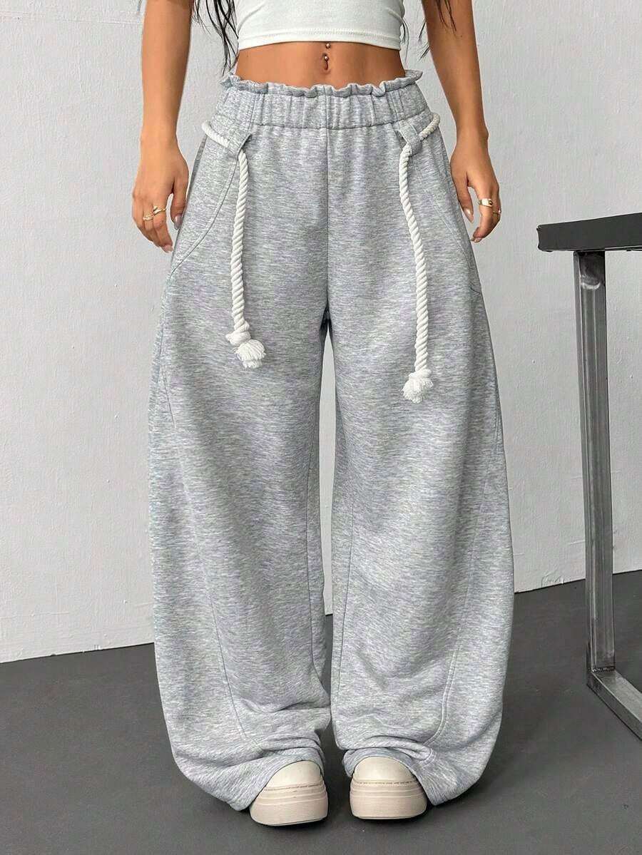 Casual Loose Drawstring Waist Pockets Sweatpants, Minimalist American Streetwear Style, Versatile Korean Fashion - 灰色 - 查看 1