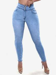 女士高腰高弹力纽扣瑜伽提拉纯色牛仔裤，男士时尚休闲约会通勤圣诞节春季款 - 藍色 - 查看 2